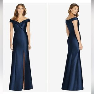 ALFRED SUNG Off Shoulder Trumpet Front Slit Satin Twill Navy Maxi Dress NWT 2